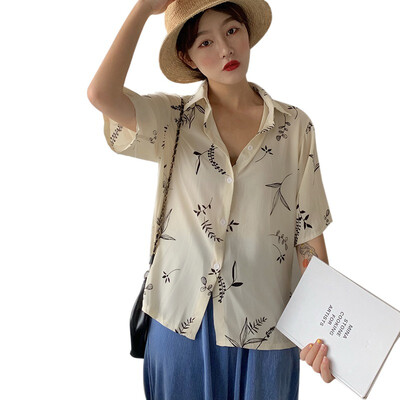 

Women Leaves Printed Casual Blouses Fashion Loose Short Sleeve Shirt Summer Chiffon Blouse