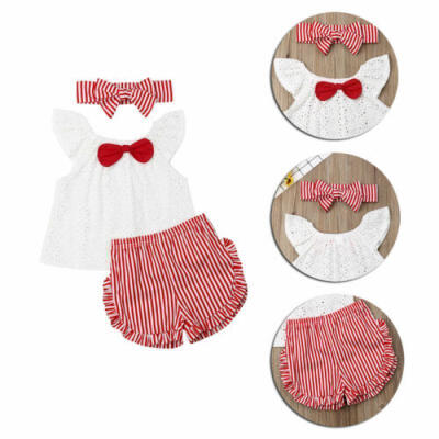

US Newborn Baby Girl Stripe Tops Pants Headband Ruffle Shorts Summer Clothes