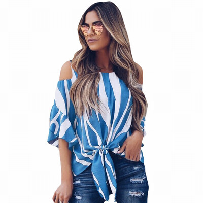 

Vertical striped shirt Womens color round neck cropped sleeves loose top