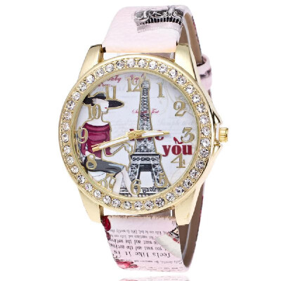 

Explosion-studded diamond Paris Eiffel Tower watch fashion digital belt ladies watch printed watches Pink