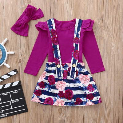 

3Pcs Kids Baby Girls Long sleeves Tops Strap Floral Skirt Headbands Outfits Set