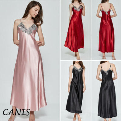 

UK Women V-neck Satin Silk Lace Lingerie Pajama Night Dress Nightgown Sleepwear