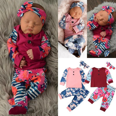 

3PCS Newborn Infant Baby Girl Floral Tops T-Shirt Long Pants Autumn Clothes Outfits Age For 0-18 Months