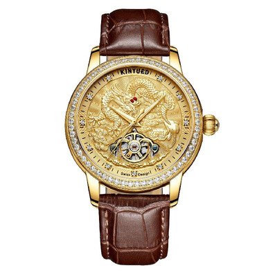

KINYUED Automatic Mechanical Watch for Men 3D Dragon Dial Design 3ATM Waterproof Fashion Mechanical Watch Leather Strap Mens Luxur