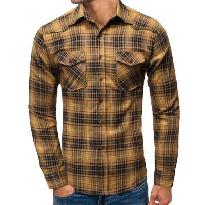 

Male Long Sleeve Plaid Shirt Slim Cotton Tops Shirt with Double Pocket for Men