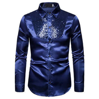 

Formal Men Slim Ball Wedding Silk-Like Satin Long Sleeve Dress ShirtsTOPS -XXL