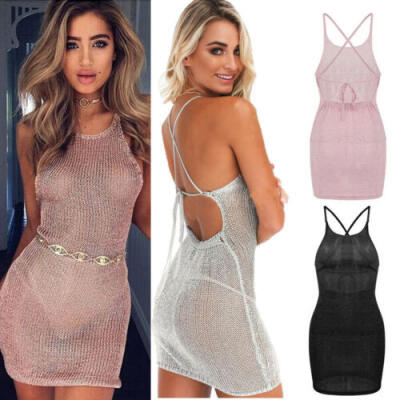 

Women Sheer Backless Halter Bandage Bodycon Evening Beach Cocktail Mini Dress US