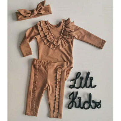 

Newborn Baby Girl Autumn Clothes Ruffle Romper TopsLong Pants Headband Outfits