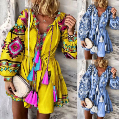 

Women Boho Floral Long Sleeve Short Dress Ladies V Neck Holiday Party Maxi Dress