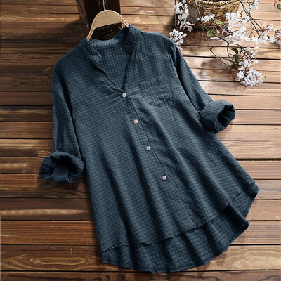 

Starmoon Womens Casual V Neck Loose Linen Plus Size Plaid Button Tanic Shirt Blouse Tops