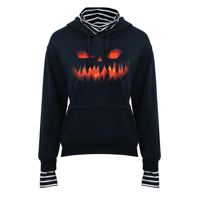

Fashion Women Autumn Halloween Print Hooded Hoodie Fake Two Pieces Turtleneck Long Sleeve Drawstring Pocket Striped Splicing Pullo