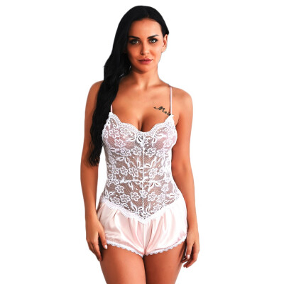 

Toponeto Women Satin Flowe Lace Pajamas Bodysuit Lingerie Backless Jumpsuit Sleepwear