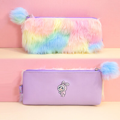 

Rainbow Color Pencil Case Plush School Pen Bag Leather Plush Pencil Bag Coin Purse Phone Bag Mini Handbag Kids Candy Bag