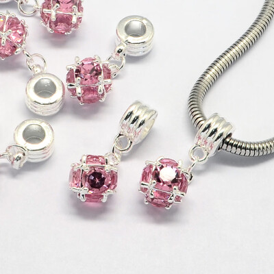 

Alloy European Dangle Beads with Rhinestones Large Hole Pendants Round Silver Light Rose 28mm Hole 5mm
