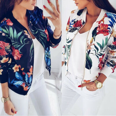 

Women Retro Floral Zipper Bomber Up Jacket Coat Lady Outwear Casual Tops Blouse