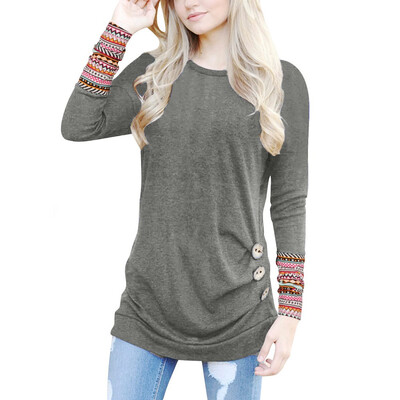 

Nomeni Women Long Sleeve Loose Button Trim Blouse Patchwork Round Neck Tunic T-Shirt