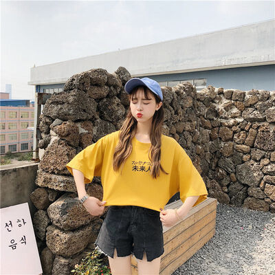 

Korean student word Print top T-shirt Ordinary person etc Casual girlfriends with short-sleeved T-shirt female