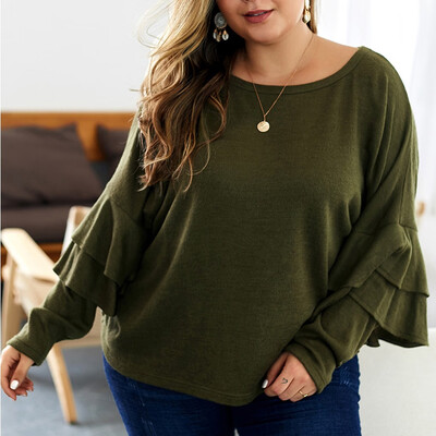 

Gobestart Womens Fashion O-Neck Plus Size Solid Color Print Cake Long Sleeve Top