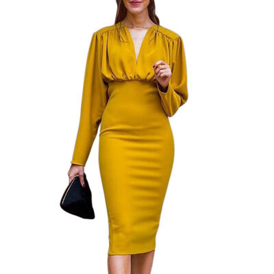 

Womens V-Neck Sexy Long Sleeve Deep V Neck Casual Party Work Slim Dress