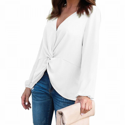

Solid color shirt T-shirt womens V-neck long-sleeved knotted regular shirt