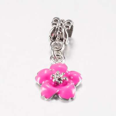 

Tibetan Style Alloy Enamel European Dangle Beads Large Hole Pendants Flower Antique Silver HotPink 29mm