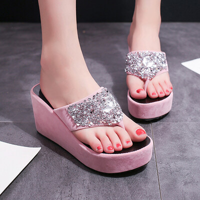 

Rose Summer Womens Slippers Rhinestone Wedges Flip Flops Fashion Clip Toe Beach Shoe
