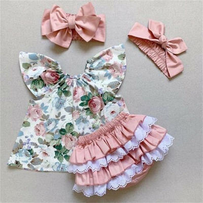 

US Toddler Kid Baby Girl Floral Shirt Tops Lace Ruffle Shorts Headband Outfits