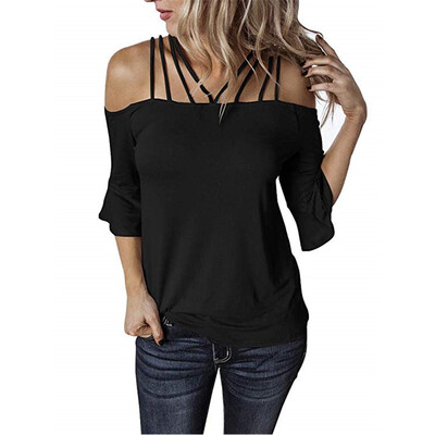 

Nomeni Women Summer Off Shoulder Short Sleeve Loose Solid Plus Size Casual T-Shirt