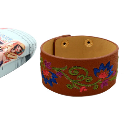 

Flower New Arrival Fashion Wide Leather Bracelets Women Cuff Bangle Jewelry Accessories