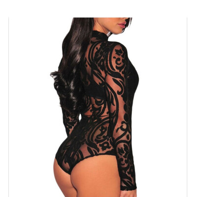 

Womens Floral Lace Black Sheer Mesh Long Sleeve Bodysuit Leotard Jumpsuit Top
