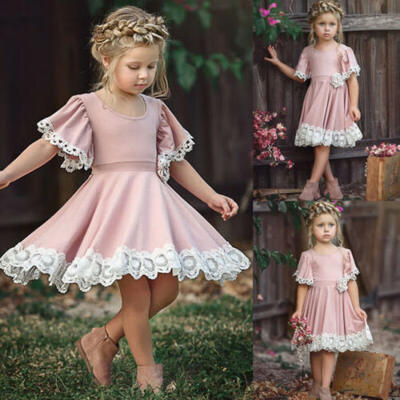 

Kids Baby Girls Dress Lace Floral Party Dress Short Sleeve Solid Dress Clothes