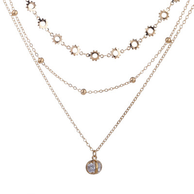 

Women Metal Bohemian Jewelry Gold Gear Multi-Layer Choker Necklace Crystal Diamond Pendant