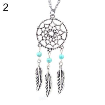 

Women Ethnic Turquoise Feather Wing Pendant Dream Catcher Charm Chain Necklace