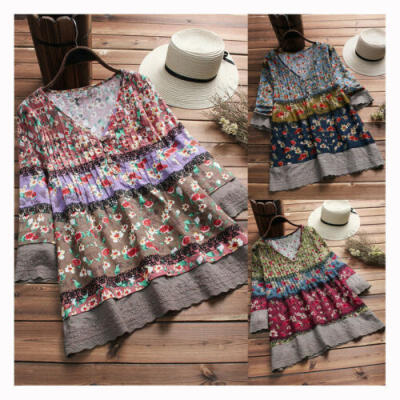 

Women Casual Shirt Vintage Floral Print V Neck Cotton Linen T-Shirt Tops Blouse