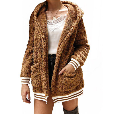 

Women Plush Hooded Cardigan Long Loose Warm Sweater Coat Solid Color Long-sleeved Outwear Tops
