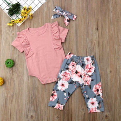 

Toddler Kid Baby Girl Clothes Set Ruffle Cotton LongShort Sleeves Tops Romper Floral Pants Headband Sunsuit Outfit 3Pcs