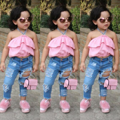 

2Pcs Toddler Kids Baby Girl Off Shoulder Top Denim Hole Pants Outfits Clothes UK