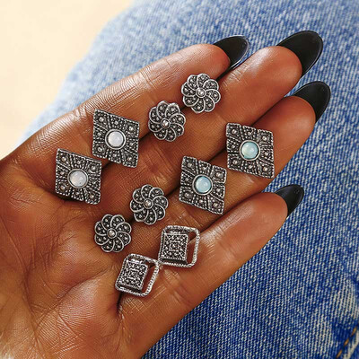 

E0290 5PairsSet Bohemia Hollow Withe Opal Stud Earrings Set For Women Wedding Boucle Doreille Jewelry Dazzling Wedding Brinco