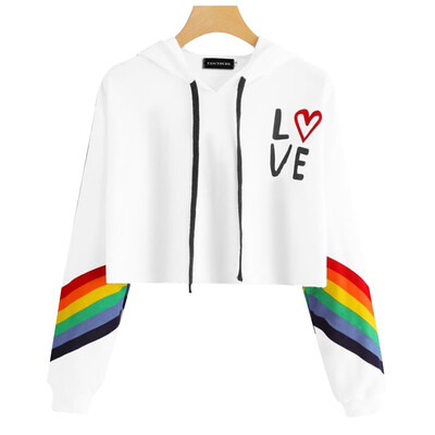 

Women New Fashion Rainbow Printing Sleeves Love Printed Crop Top Hoodies Drawstring Crop Pullover Sweatshirt