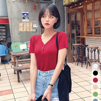 

Women V Neck Solid Slim Knitted T-Shirt Pullover Buttons Shirt Casual Short Sleeve T Shirt