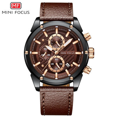 

MINI FOCUS Mens Watch Sports Multifunction Alloy Quartz Watches Luminous Calendar Waterproof Leather Belt MF0161G