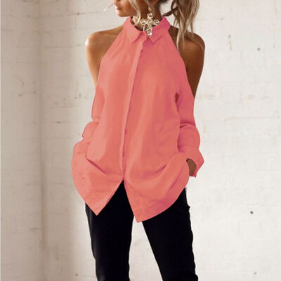 

Women Off Shoulder Long Sleeve Chiffon Shirt Tops Turn Down Collar Casual Blouse