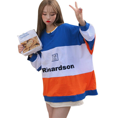 

Harajuku Women Patchwork Tee Shirt Hip Hop Casual Loose T Shirt Korean Letter Print Long Sleeve Top Female