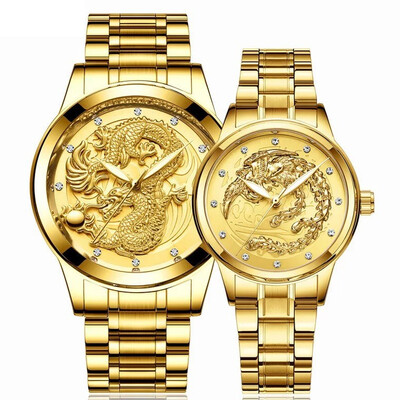 

2 pcs Fashion Dragon phoenix golden Watches Men Women Stainless Steel diamonds watch for Couples lovers gift quartz clock