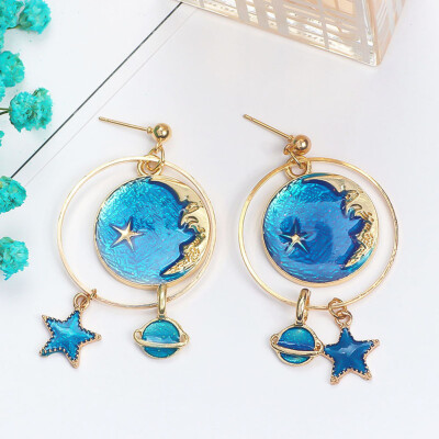 

1 Pair Fashion Blue Star Moon Star Stud Earrings For Women Gold Color Universe Planet Circle Asymmetry Long Earrings