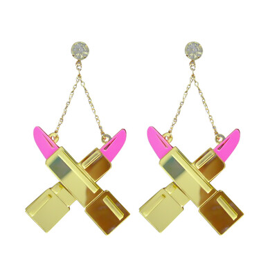 

New Mode Style Personality Gold Acrylic Pink Lipstick Stud Earrings Punk Hip Hop Night Club Jewelry Women Accessories Gift