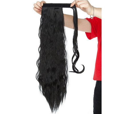 

20 Inch Long Corn Wave Ponytail Extension Magic Paste Heat Resistant Wavy Synthetic Wrap Around Ponytail Black Hairpiece for Women