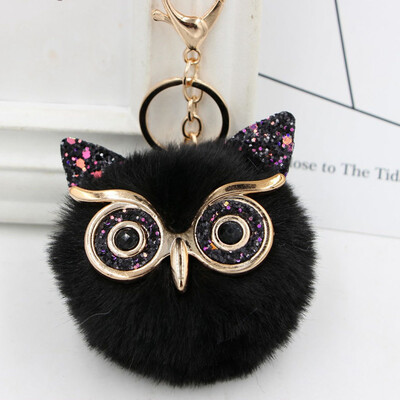 

Women Owl Faux Rabbit Fur Fluffy Key chain Key Ring Pompom Ball Pendant Cute