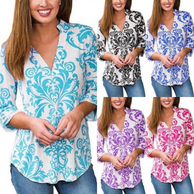 

New Women Ladies Boho Floral V Neck Top Long Sleeve Loose Casual T Shirt Blouse