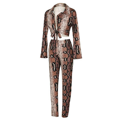 

Sexy Women Two-piece Set Snake Print Crop Top Deep V Neck Bandage Long Sleeve Long Pants Slim Bodycon Suits Khaki